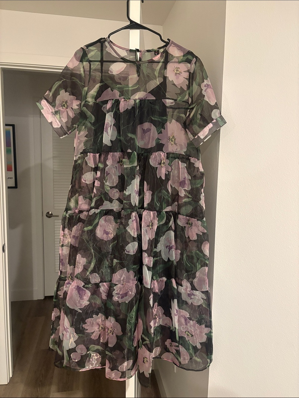 Sheer Black Floral Tiered Dress with Pink Blossoms
